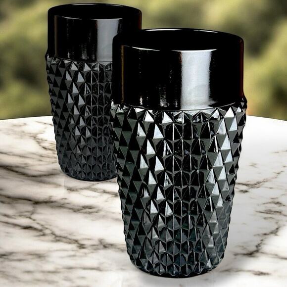 Vtg Set of 2 Indiana Glass Tiara Diamond Point Black Highball Ice Tea Glasses - Picture 4 of 7